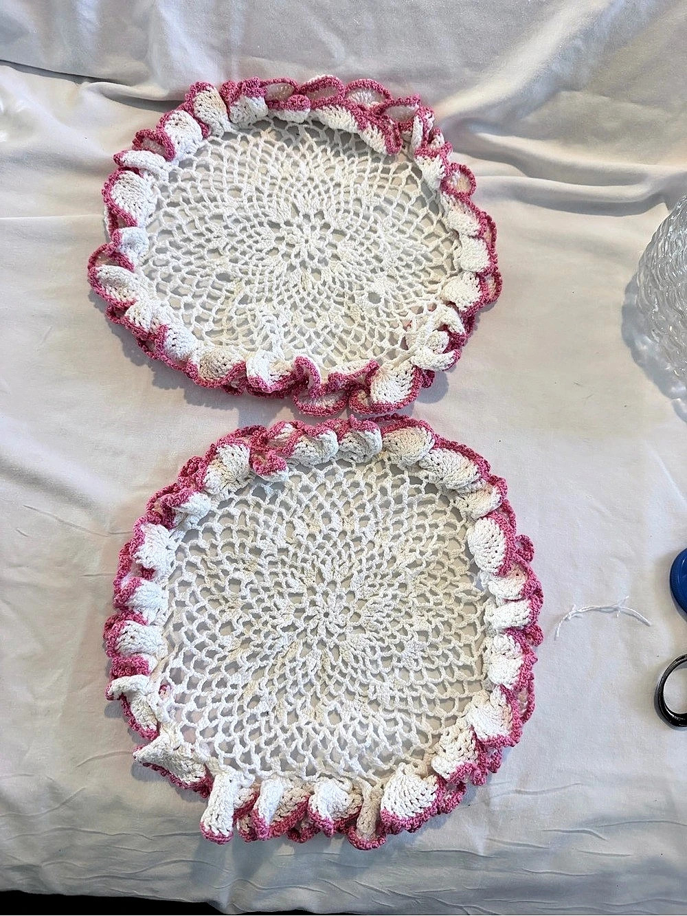 2 Crocheted Doily Set in White & Pink